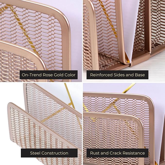 BLU MONACO Rose Gold Metal Mesh Letter Sorter | 3-Slot Vertical Mail Organizer for Desk, Office and Home | Compact Mail Holder for Envelopes, Documents and Files | Modern Desktop Organizer