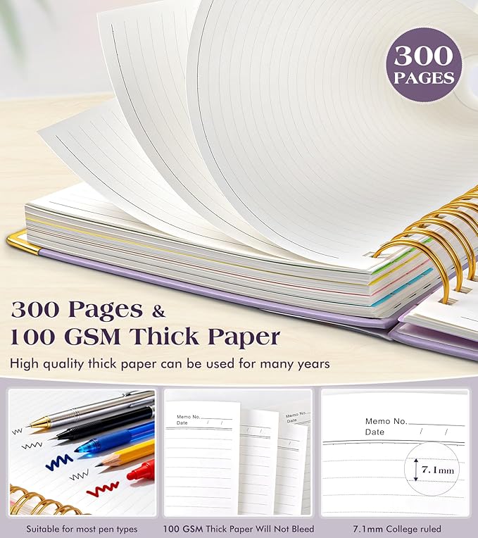 Spiral Notebook Journal with Removable Dividers Tabs, 300 Pages Hardcover Leather 5 Subject College Ruled Notebook, 6.1"x8.2" Large A5 Lined Journal for Women, Spiral Notebook for Work School, Purple