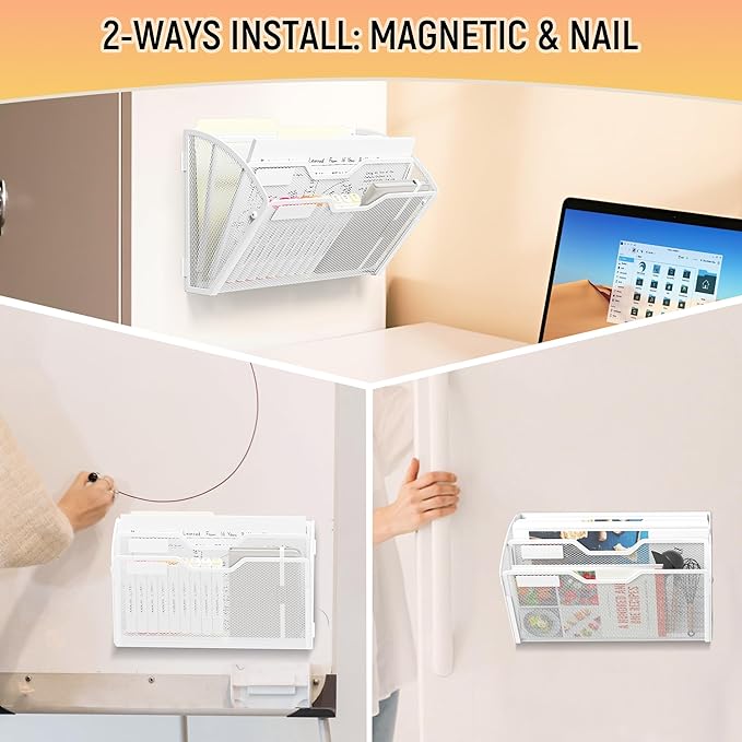 Docnest 3 Tier 3 Pack Magnetic Wall Mounted File Holders,Mesh Letter Organizer, Magnetic Hanging Mail Paper Document Organizer for Office, Home, School, White