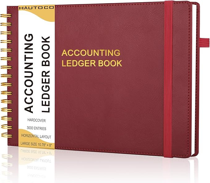 HAUTOCO Hardcover Accounting Ledger Book for Small Business Bookkeeping Horizontal Money Expense Tracker Notebook with 2 Storage Pouch, Personal Columnar Log Journal 10.78 x 8'', Cherry Red