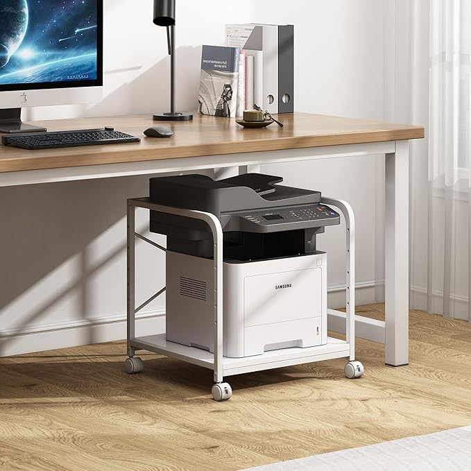 Fannova 20 Inches Deep Large Printer Stand, 2 Tier Under Desk Printer Table with Height Adjustable Shelf, Rolling Printer Cart with Wheels for Home Office Storage - White