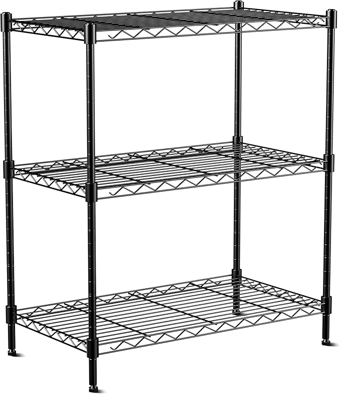 VANZBON 3-Tier Wire Shelf Rack,24" Dx14 Wx 30" H,Wire Metal Shelving with Lockable Wheels,Height Adjustable Storage Standing Shelves for Kitchen,Living Room,Laundry,Office,Pantry,Studio,Black