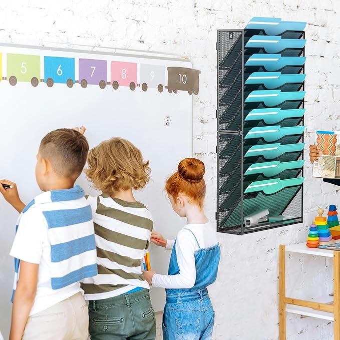 Gawerk 11-Tier Wall File Organizer Hanging Wall File Holder Wall Mount Paper Folder Organize, Mesh Magazine Document Mail Organizer Wall Organizer for Office School Home, Black