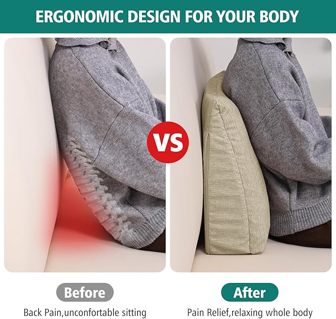 TANYOO Back Support Pillow for Recliner Soft Dual Layer Lumbar Support Pillow with Shredded Memory Foam Ergonomic Orthopedic Couch Lumbar Cushions for Elderly Lower Back Pain Relief Khaki