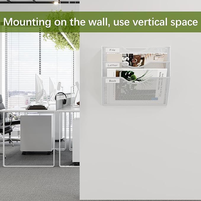 EasyPAG 3 Pocket Mesh Wall File Organizer, Hanging Paper Folder Holder with Classify Label, Vertical Wall Mount Mail Organizer for Office Home Classroom, White