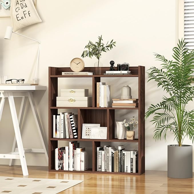 Giantex 7 Cube Bookshelf, Free-Standing Wooden Bookcase, 4 Tier Home Display Shelf, Horizontal Storage Unit w/Anti-Toppling Devices, Open-Back Display Rack for Study, Bedroom, Living Room, Walnut