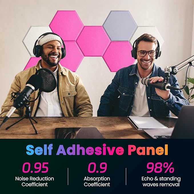 Acoustic Panels 12 Pack Soundproof Wall Panels, 14" X 12" X 0.4" Sound Proof Panles, High-Density Wall Decoration Sound Absorbing Panel, Hexagon Wall Panel for Home Office with Self-Adhesive (Pink)