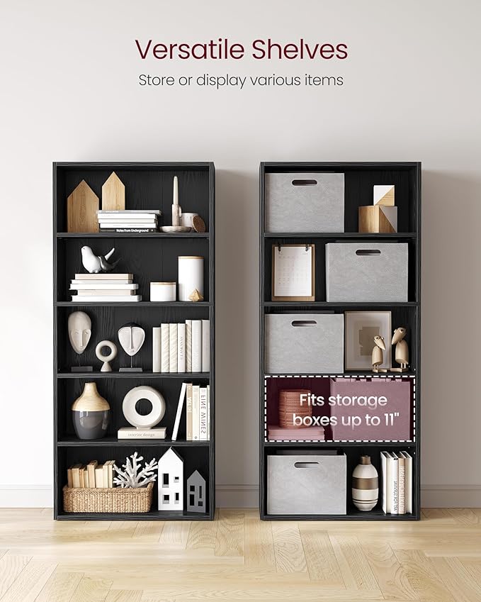 VASAGLE Set of 2 Bookshelves, 23.6 Inches Wide, 5-Tier Open Bookcases with Adjustable Storage Shelves, Floor Standing Units, Ebony Black ULBC165T56-2