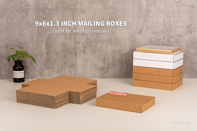 YUSHYIJIE 50 Pack 9x6x1.3 inch Small Shipping Boxes, Multi-Depth Flat Cardboard Boxes with Fragile Stickers for DVD Shipping, Packing, Moving, Storage, Brown