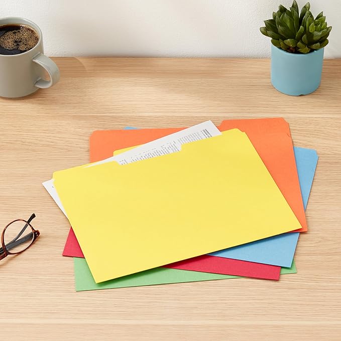 Amazon Basics File Folders with Tabs for Filing, AMZ401, Sturdy, Letter Size, Assorted Colors (100 Pack)
