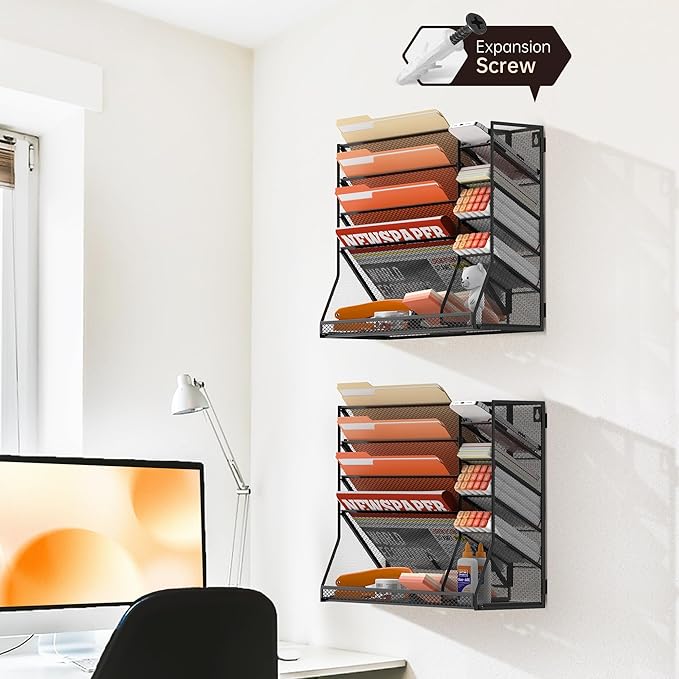 SUPEASY Wall File Organizer, 5-Tier office wall organizer with 4 Pen Holders, Wall Organizer for Office with R-shaped Bottom Tray, Metal Desk Organizer for Office, School, Home, Black
