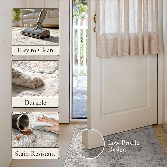GENIMO Runner Rug 2PCs, Machine Washable Non Slip Vintage Hallway Runner Rug 17.3"x59"+17.3"x30", Low Pile Lightweight Rugs for Indoor Entryway, Hallway, Kitchen and Corridor, Light Taupe Brown