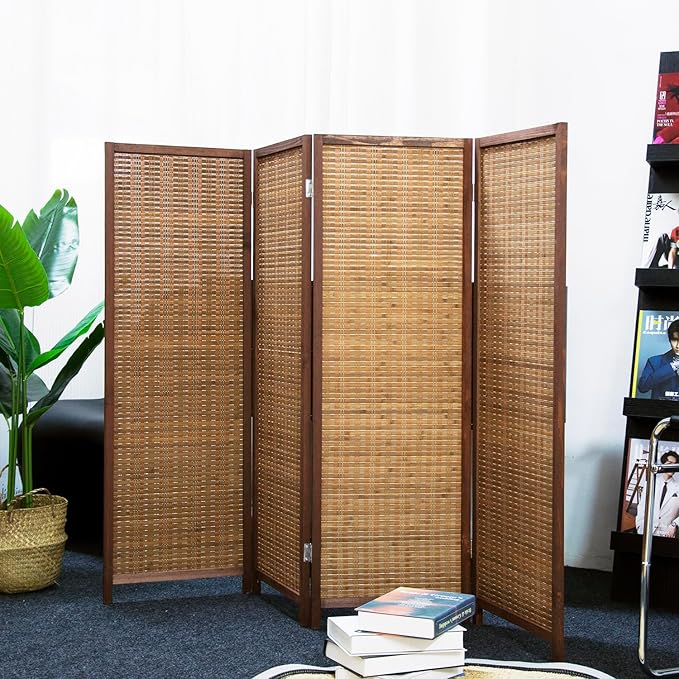 Furnnylane 4 Panel Short Room Divider Screen,Brown Freestanding Partition,Small Bamboo Panel Divider for Room Seperation,3.95 FT Tall