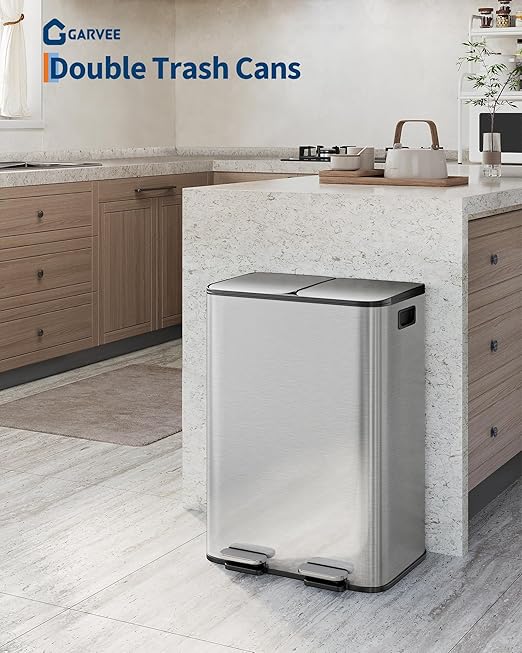CABIHOME 2 x 8 Gal Stainless Steel Trash Can - Matte Black Dual Trash & Recycle Bin with Step-on Lid, PP Inner Buckets & Liner Rim for Kitchen