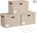 Roobyl 17" Large Collapsible Storage Bins with Lids, Stackable Closet Organizers with PU Handle and Labels, 3-Pack Decorative Fabric Storage Boxes for Home, Bedroom, Closet, Office, Nursery(Khaki)