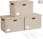 Roobyl 17" Large Collapsible Storage Bins with Lids, Stackable Closet Organizers with PU Handle and Labels, 3-Pack Decorative Fabric Storage Boxes for Home, Bedroom, Closet, Office, Nursery(Khaki)