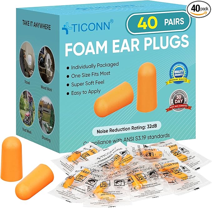 TICONN 40 Pairs Ear Plugs, 32dB Noise Reduction Earplugs for Sleeping Hearing Protection Travel Study Concentration Construction Site (40 Pairs)
