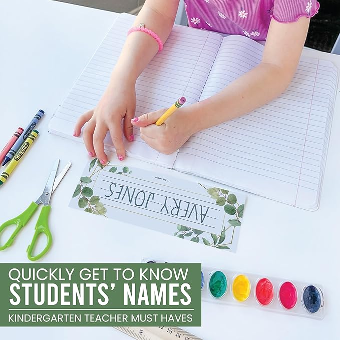 Desk Name Tags for Classroom -25 Student Name Plates for Classroom Kindergarten, Preschool, 1st, 2nd & 3rd Grade, 9x3 Teacher Nameplates for Student Desks & Cubbies, Greenery Nametags