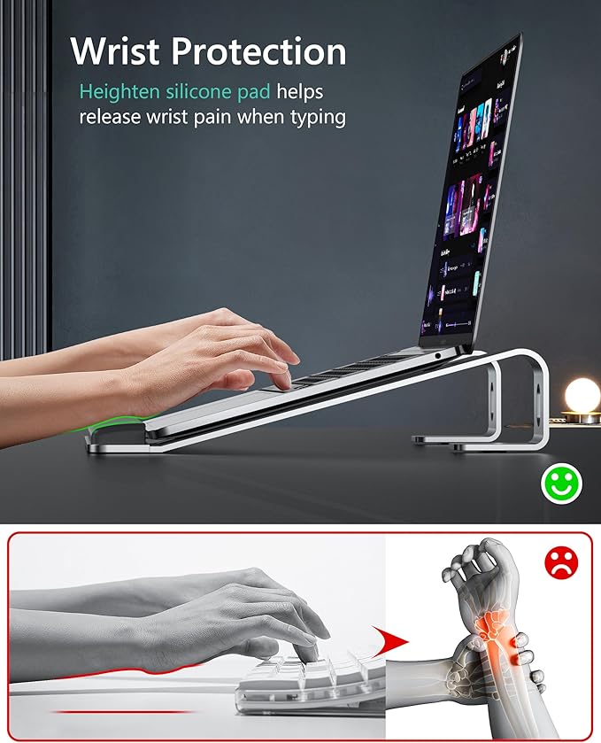 JCZT Aluminum Laptop Stand, Notebook Stand with Wrist Rest, Ergonomic Detachable Laptop Mount, Computer Stand Compatible with 10-17'' All Laptops Such as MacBook Air Pro/HP/Dell/Lenovo, Silver