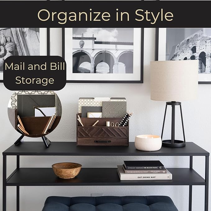 BLU MONACO | Wooden Mail Organizer with Drawer and Compartments | Mail Sorter Organizer Countertop for Desk Entryway | Outgoing Mail Holder Wood Desktop File Storage