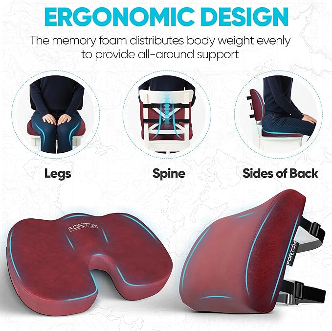 FORTEM Seat Cushion, Office Chair Cushion, Lumbar Support Pillow for Office Chair, Memory Foam Sciatica Coccyx Tailbone Pressure Pain Relief, Car Sitting Pad, Washable Non Slip, XL