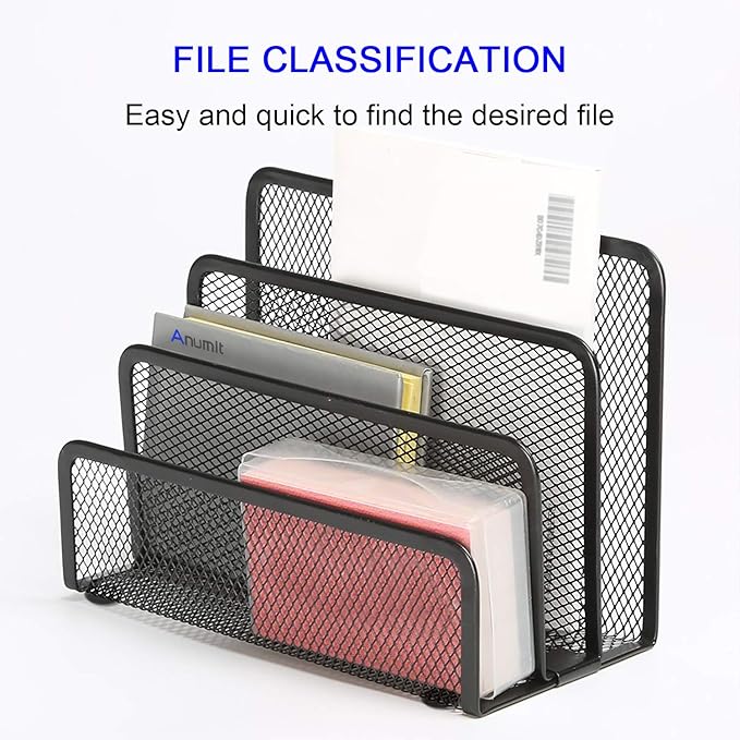 Anumit Desk Mail Organizer, File Holder Letter Sorter with 3 Vertical Upright Metal Mesh Compartments Document, Filing, Folders, Mail, Paper Organizer for Home or Office Desktop (1PCS)