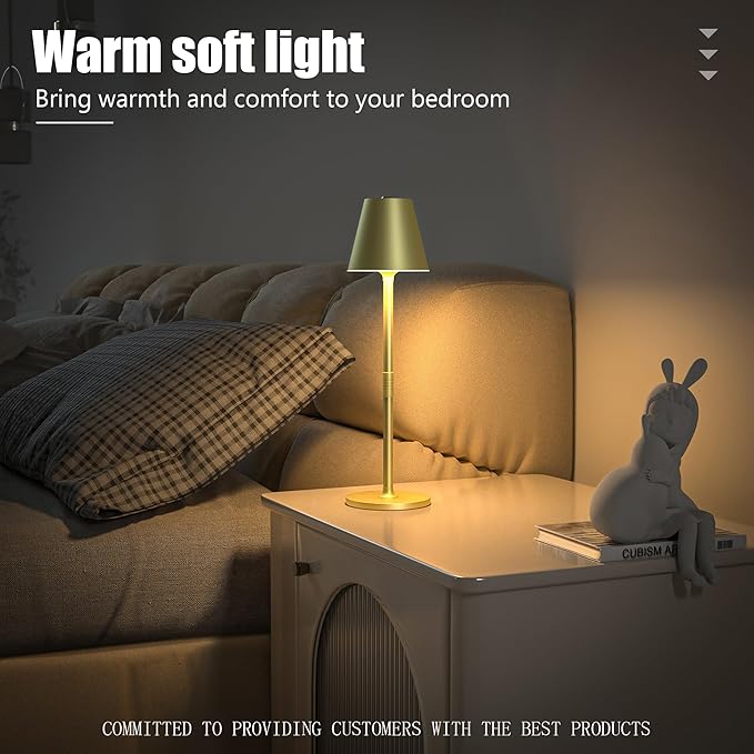 Timjorman 1-Pack Cordless Table Lamps - 4000mAh Rechargeable Battery Operated Desk Lamp, 3-Level Dimmable LED Night Light for Bedroom, Dining, Restaurant - Metal Design (Champagne Gold-1Pack)