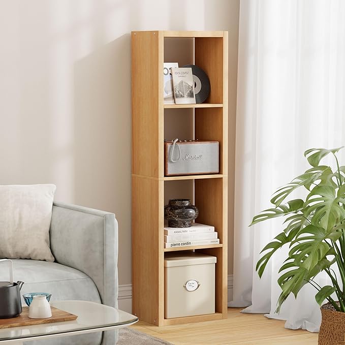 4 Cube Storage Organizer Single Row, Cube Shelf with Heavy-Duty Thick Boards, 13.31"L x 9.37"W x 48.82"H, Smooth Easy-Clean Panels, Simple Assembly, for Living Room Bedroom Office, Natural-Oak