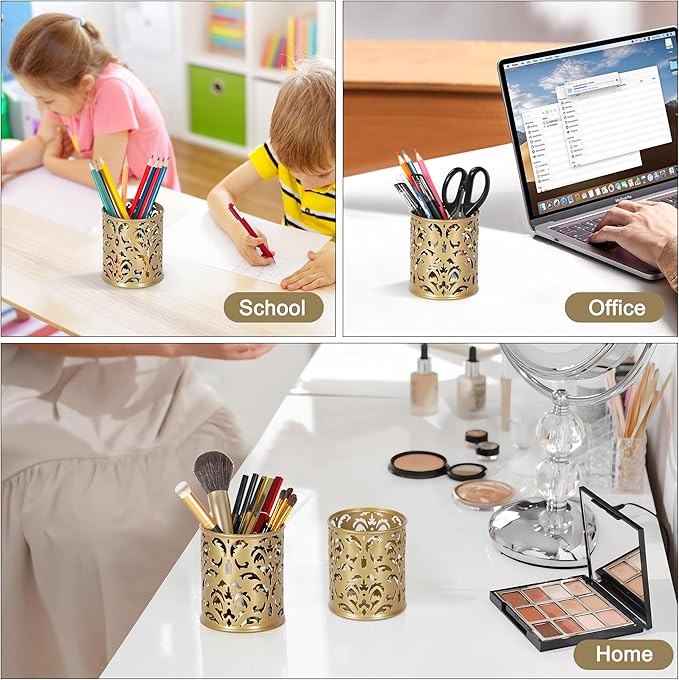 EasyPAG Gold Pen Holder for Desk, 2 Pack Round Pen Organizer, Brush Holder for Vanity, Metal Pencil Cup Organizer for Home, Office, Classroom, School