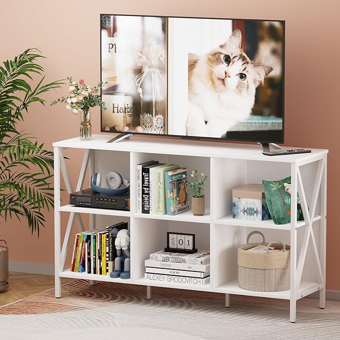 Adompacat Horizontal Bookshelf Bookcase,6 Cube Storage Organizer with Open Shelf,47 Inch Industrial Low Wide Wood and Metal Cubby Shelf,Long Shelving Unit for Home Office Living Room(White,6 Cube)