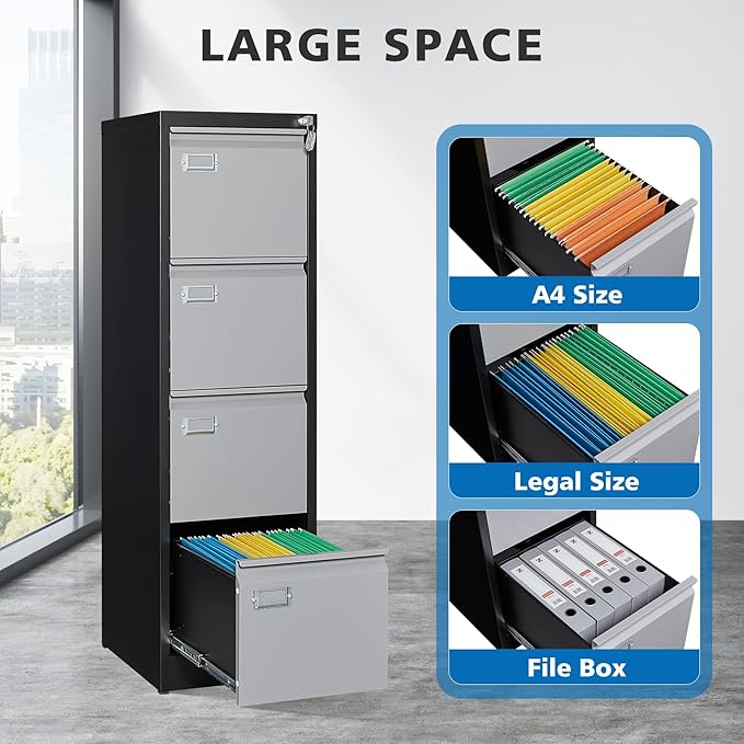 BYNSOE 4 Drawer File Cabinet with Lock Metal Vertical Filing Cabinet Office Home Lateral File Cabinet for A4 Legal/Letter Size,Assembly Required (Black Gray, 4 Drawers-Vertical)