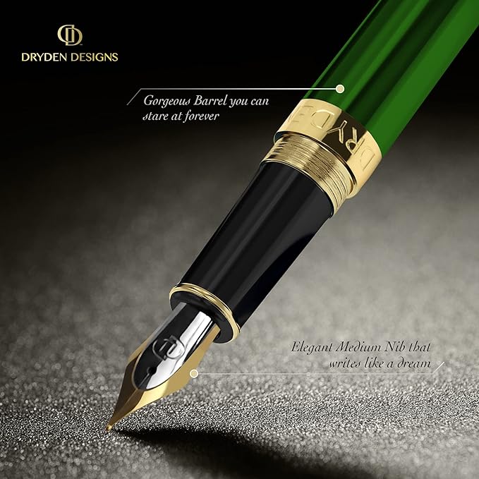 Dryden Designs Fountain Pen - Medium and Fine Nibs | Includes 24 Ink Cartridges and Ink Refill Converter | Calligraphy Pen, Consistent Writing, Smooth Flow - Emerald Green.