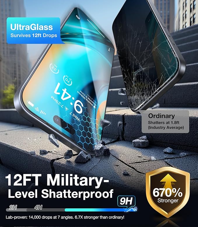 UltraGlass TOP 9H+ Armor for iPhone 17 Air Privacy Screen Protector [No.1 Military Grade Shatterproof] Privacy Screen iPhone 17 Air Tempered Glass [100% Anti-Spy] Longest Durable, 2 Pack