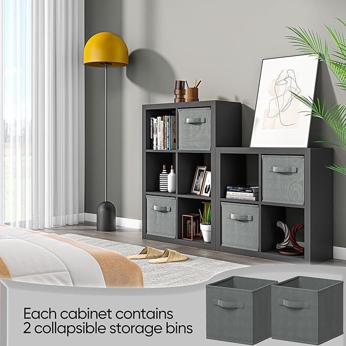 furtble Bookshelf with Storage Bins, 8-Cube Storage Organizer, Modern Wood Open Bookcase, Multifunctional Display Shelf for Living Room, Bedroom, Home Office, Matte Black