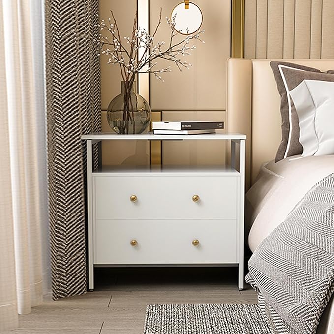 Edbuosy 27 inch Wide Night Stand Set 2 with Charging Station, Bedside Table with Open Shelf, 2 Drawers Small Wood Dresser, Modern Wood Nightstand for Bedroom/Living Room (White)
