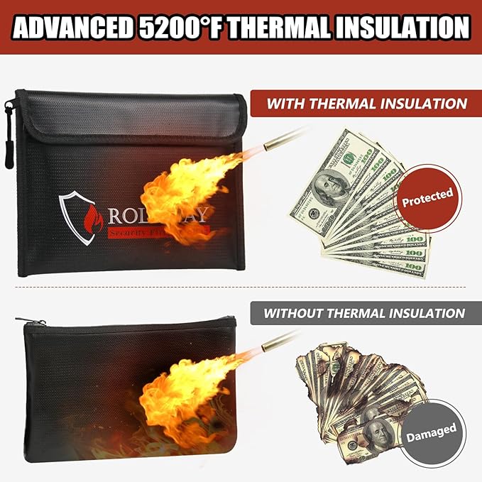 ROLOWAY Fireproof Bag (9.6 x 6.6 inches) 5200℉ Heat Insulated, Fireproof Money Bag with Zipper for Cash (2-Pack Black)