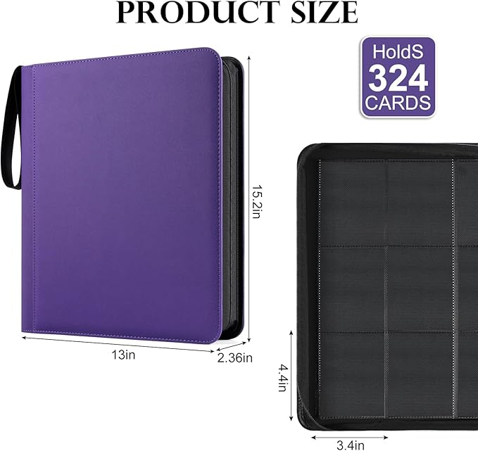 GEAoffice Waterproof Top Loader Binder Holds 324 Cards, Side Loading 9 Pocket Card Binder for Toploader, PU Leather Card Collection Album Folder Holder for 3"×4" Rigid, MTG, TCG, Sports Cards, Purple