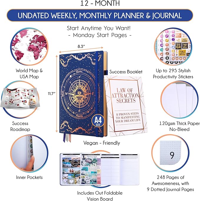 Life Planner - Undated Weekly & Monthly Planner, 12-Month Journey to Increase Productivity | Gratitude Journal, Life Organizer & Goal Journal | Include Foldable Vision Board, Habit Tracker & Stickers