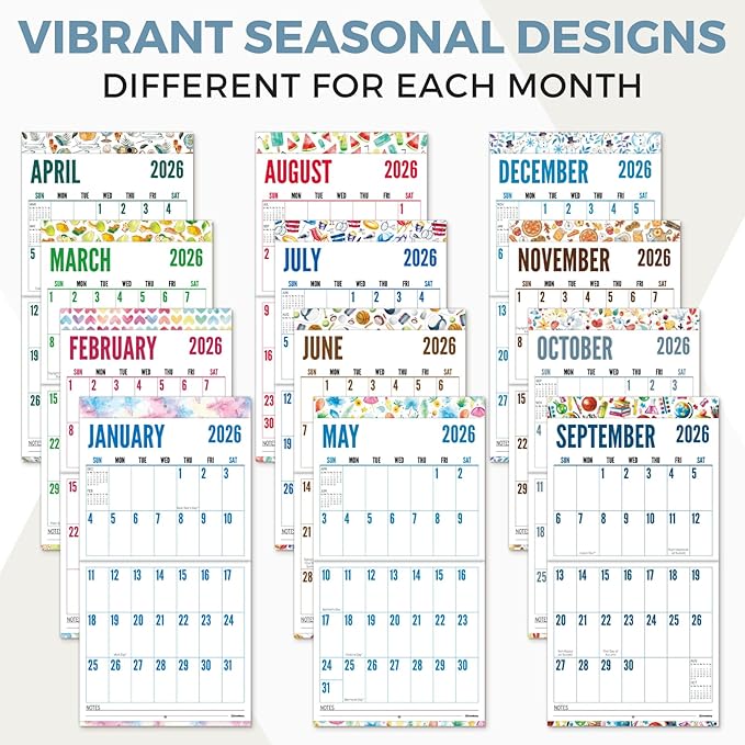 CRANBURY Large Print Wall Calendar 2026, 12x23" Open, 12 Months Seasonal Designs, Use Jan to Dec 2026, Big Numbers, Big Grid, Low Vision Calendar, Non-Glossy Paper for Easy Writing, Includes Planner Stickers