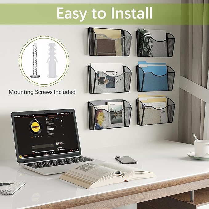 EasyPAG 6 Single Pocket Wall File Organizer, Mesh Hanging File Folder Organizer for Letter/A4 Size Folders, Wall Mounted Vertical Mail Holder for Paperwork, Office, Home, School, Black