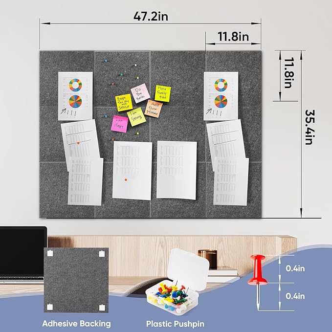VUSIGN Large Cork Board for Wall 47"x35", 12 Pack Bulletin Board, Felt Wall Tiles with Adhesive Tabs and Push Pins, Push Pin Board for Office, School, Home, Grey