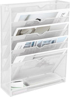 EASEPRES 6 Tier Mesh Hanging Wall File Organizer, Desk Vertical Mail Paper Document Folder Holder Rack with Bottom Tray and Nametag Label for Office Home School, White
