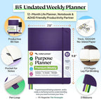 Roterunner Purpose Planner Notebook B5 7.5”x9.8” 12 Month Undated 2026 Daily Weekly and Monthly Productivity Goal Setting Tool for Work Home ADHD Planner for Adults Self Care Journal