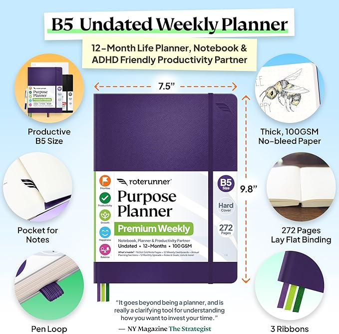 Roterunner Purpose Planner Notebook B5 7.5”x9.8” 12 Month Undated 2026 Daily Weekly and Monthly Productivity Goal Setting Tool for Work Home ADHD Planner for Adults Self Care Journal