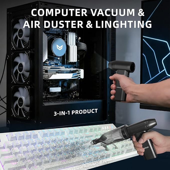 Novyllis Electric Compressed Air Duster Mini Blower Cordless with Computer Vacuum Cleaner kit Lighting 180,000 RPM 5 Speed Handheld 3 in 1 USB-C for pc Keyboards Home Car BBQ Grill