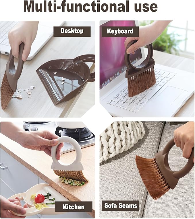 Round Handle Brush and Dustpan Set Small Broom & Dustpan Portable Handheld Sweeper for Desktop Sofa Floor Pet Nest (Off White)
