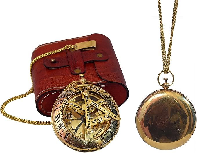 Handcrafted Vintage Brass Sundial Compass – Antique Nautical Sun Clock with Leather Case – Engraved Collectible Brass Compass Gift for Men - Nautical Gifts for Men, Best Anniversary Vintage Gifts