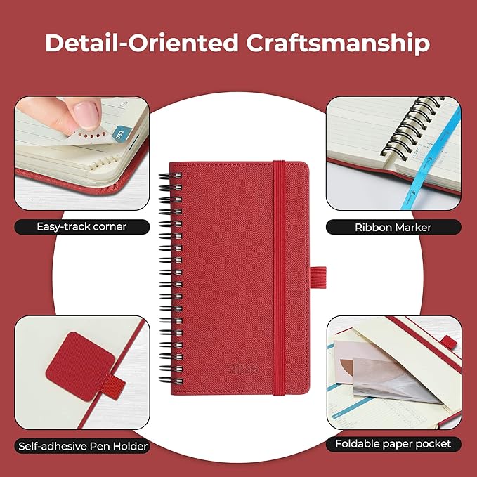 IN-LUXPRO Planner 2026 Daily Weekly and Monthly,6.5"x3.75",12 Months Spiral Bound Calendar Agenda with Self-adhesive Pen Holder,2026 Appointment Book with Vegan Leather Soft Cover,Red