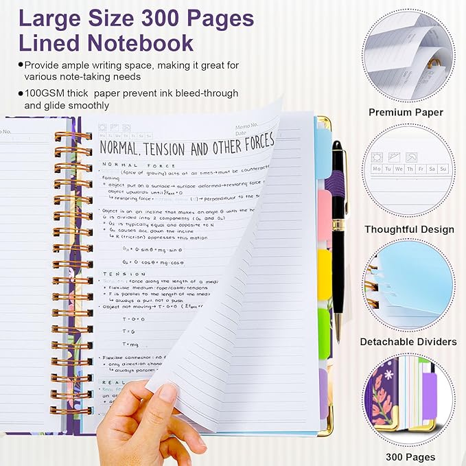 Spiral Journal Notebooks for Work, 300 Pages 5 Subject Notebook College Ruled with Dividers & Tabs, 8''x 10'' Large Notebook Journal for Women Students Note-Taking and Organizer (Purple Floral)