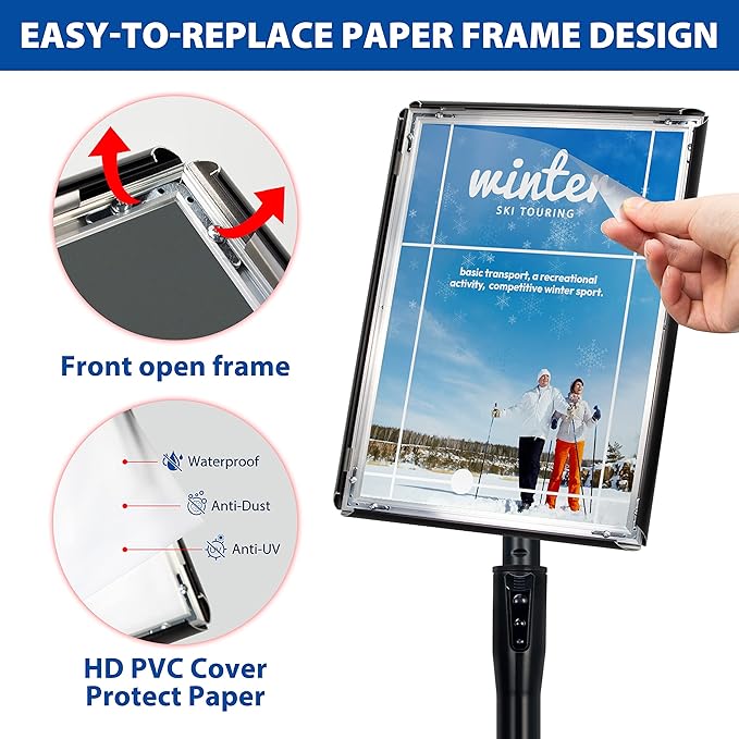 VAIIGO 6Packs 11x17 Inch Adjustable Pedestal Poster Sign Stand, Heavy Duty Floor Standing Sign Holder Stand Aluminum Snap Open Frame for Vertical and Horizontal View Sign Displayed(Black)
